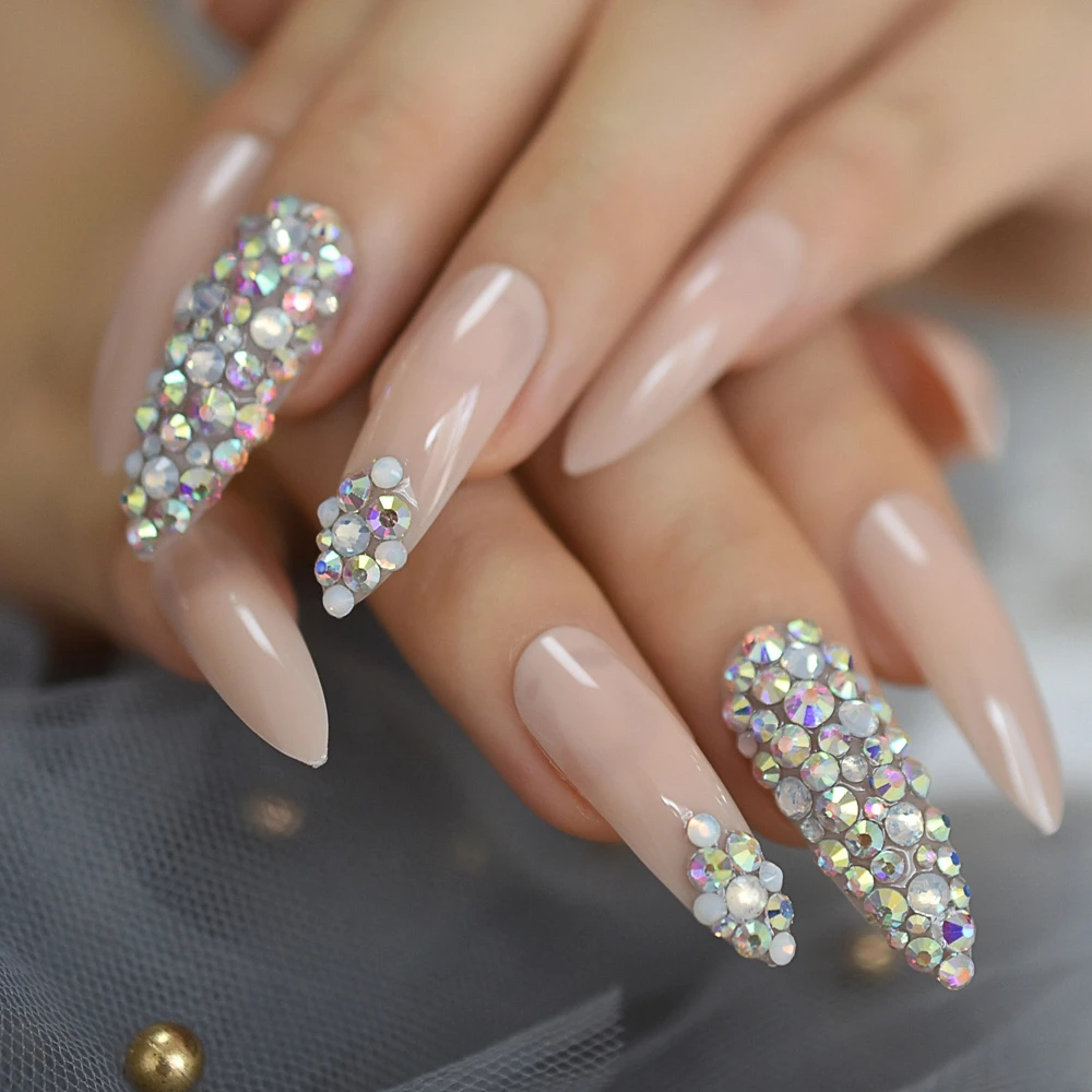 Dark Nude luxurynails Crystals Decoration Extra Long Faux Ongles Stiletto Custom Press On Fingernails for Party Wedding - Цвет: L5427