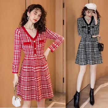 

Autumn Fashion ladies elegant knitted Dress plus size cute pinched waist ball gown dress V neck beautiful temperament vestidos