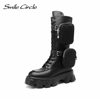 

Smile Circle Genuine Leather Chunky-heel Motorcycle Boots Lasdies Platform Flat Shoes Autumn Thick Soled High Boots For Women