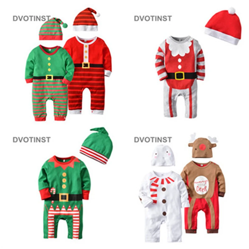 Dvotinst Baby Boy&Girl Clothes Long Sleeve Christmas Deer Bodysuit+Hat 2pcs Set Romper Playsuit Outfit Infant Toddler Jumpsuit