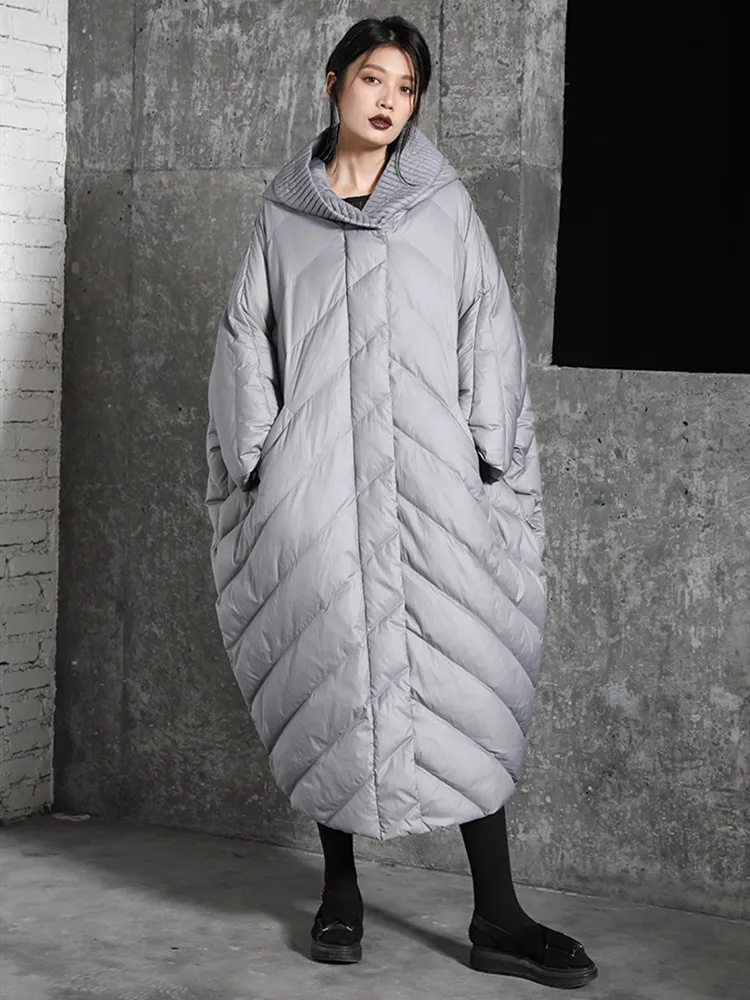 Дизайн, зимняя женская короткая Повседневная ультра свободная теплая куртка с рукавом «летучая мышь», с капюшоном, белый утиный пух, удлиненная куртка, пальто
