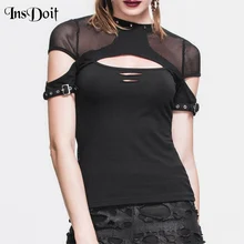 

InsDoit Gothic Sexy Hollow Out Women T Shirts Punk Streetwear Black Mesh Hole Rivet Short Sleeve Top Slim Hip Hop Fashion Tops