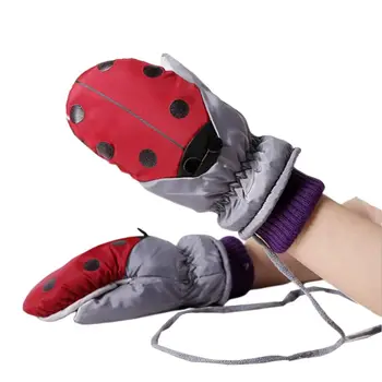 

Toddler Kids Cute Ladybird Dot Print Winter Gloves with String Thicken Plush Lined Contrast Color Snow Ski Outdoor Warm Mittens