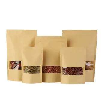 

50pcs/lot Brown Stand-up Kraft Paper Clear Window Bag Doypack Gift Wedding Candy Packaging Pouches Zipper PE Self Sealing Bag