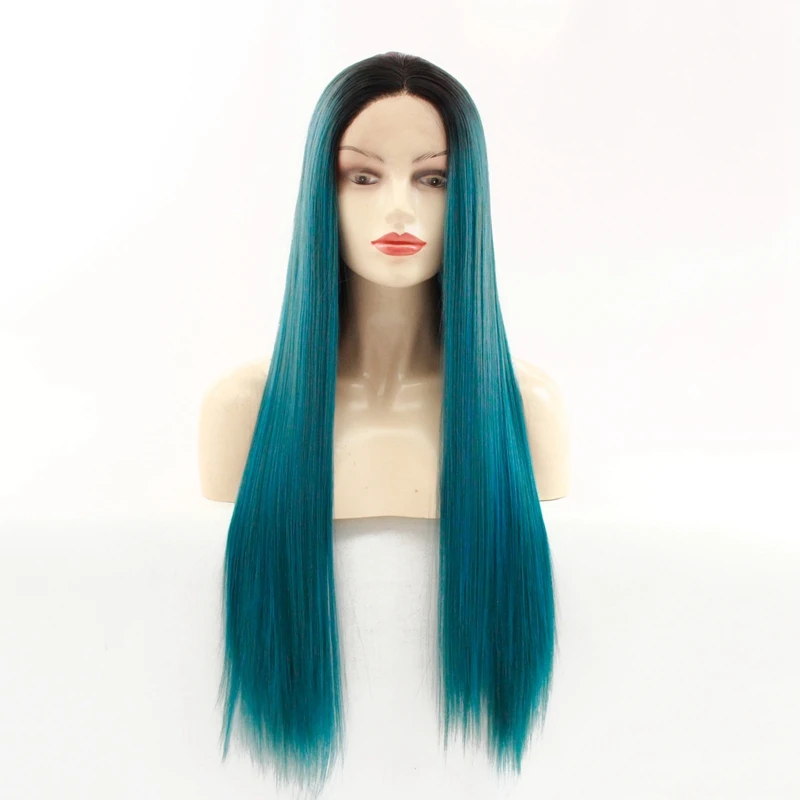 

Dark Root 1B/Bluish Green Color Synthetic Wigs For Women Straight Soft Wig Ombre Cosplay Party Heavy Full Straight Lace Front