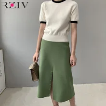 RZIV/осенне-зимняя женская юбка, повседневная, сплошного цвета с кнопками, украшенная трикотажной юбкой