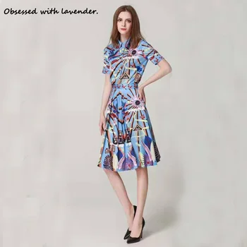 

Fashion women's clothing, blue, collar printed eyelash pattern, butterfly pattern, two-piece, knee-length skirt