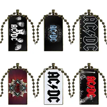 

For Men Women Rock Band Ac Dc Glass Cabochon Jewelry Steel Color With Long Pendant Choker Rectangle Necklace