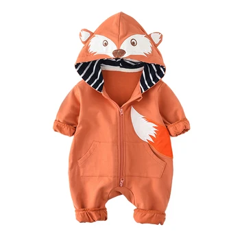 

Cute fox newborn baby boy girl kid jumpsuit clothese armuffs hooded zipper cartoon patchwork suitable for 0-24M