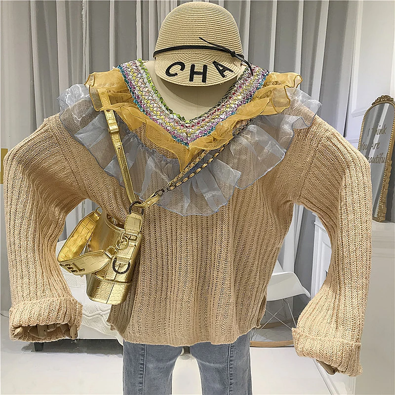 

Pullover Women 2019 Fall Autumn V-Neck Sequined Patchwork Womens Sweaters Fashion High Street Knit Sweater Women