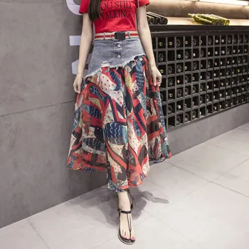 

2020 Summer Casual Women Demin Skirt Chiffon Patchwork Skirts Ladies Buttons Hole Tasseal High Waist Bottoms Female Mujer Moda