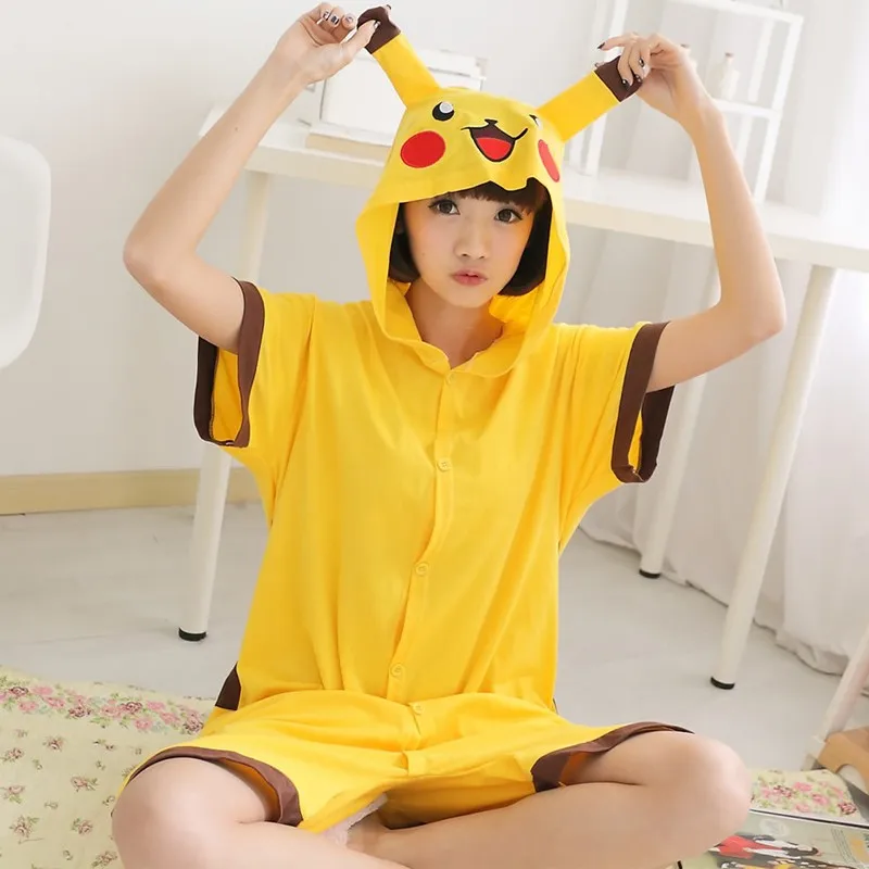 Anime-pajamas-Pikachu-men-women-adult-short-sleeve-cotton-pajamas-cartoon-animal-summer-unisex-cosplay-kigurumi