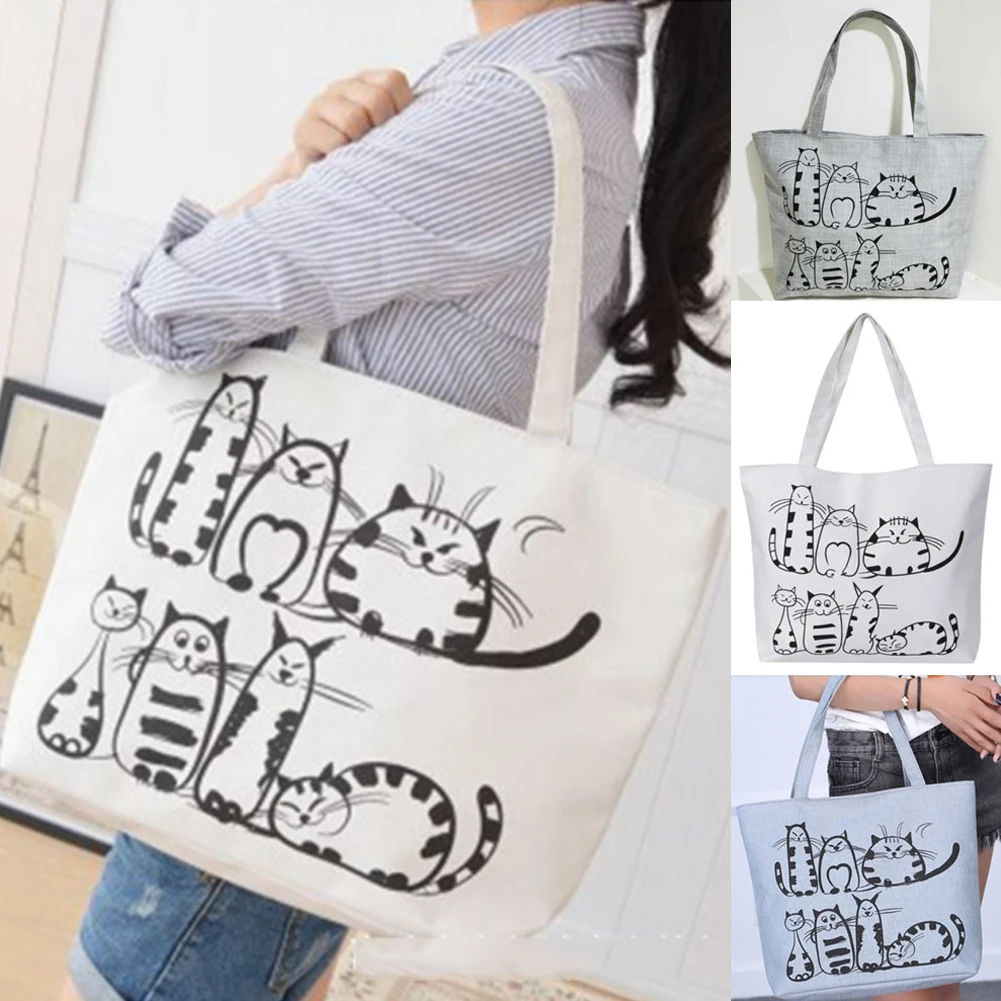 

New Fashion Hand Drawn Cartoon Cat Canvas Bags Printed Beach Zipper Large Capacity Bag Canvas Tote Shopping Handbags