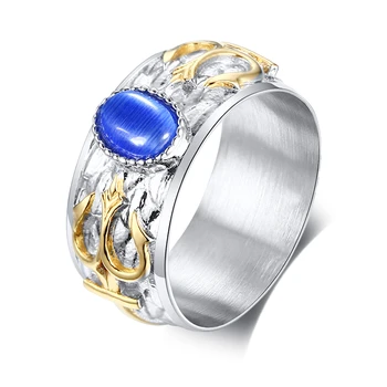 

Stainless Steel Double Gold Trident Ring For Men With Blue Oval Stone New Design Fantasy Ring