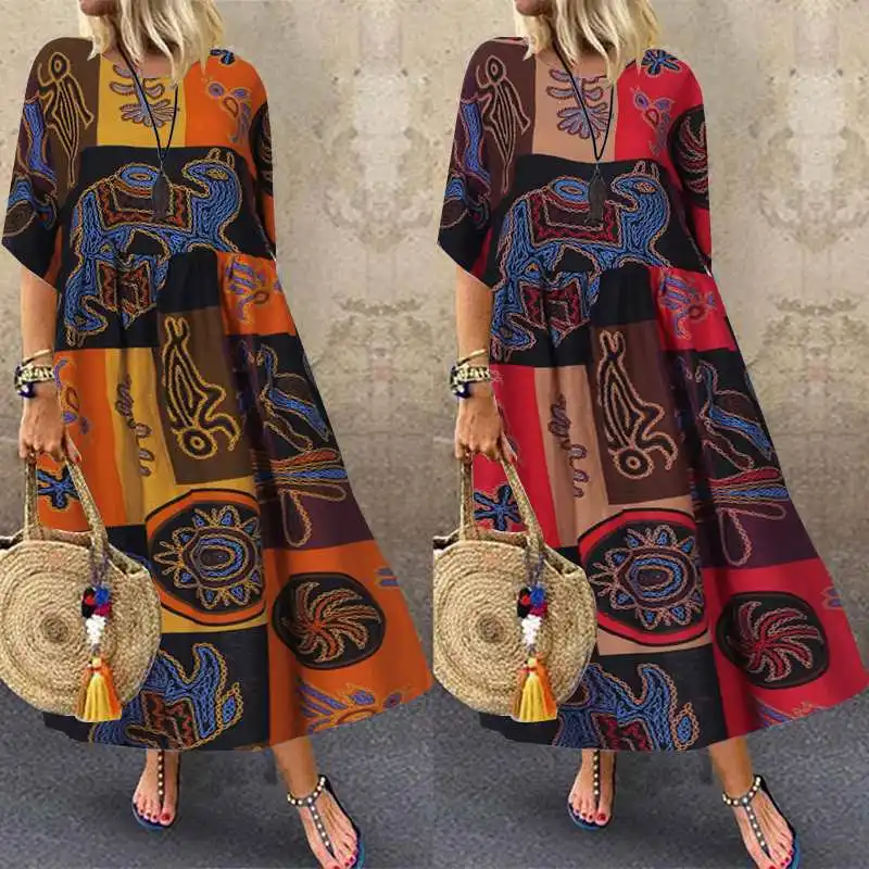 Винтажное женское длинное платье макси Vestidos ZANZEA летнее платье женское платье с принтом длинная рубашка платья Повседневное свободное нарядное платье халат