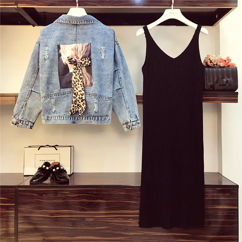 Повседневная Уличная одежда, женское джинсовое пальто с длинным рукавом и леопардовым бантом и аппликацией, куртка на подтяжках, трикотажное платье, комплект из двух предметов - Цвет: Синий