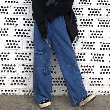 

Side Pocket Loose Straight Fashion Denim Pant Women Summer Autumn Trouser Korean Vintage Casual Jeans High Waist Harajuku Bottom