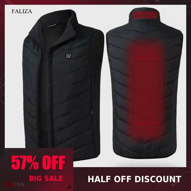 Kopen FALIZA USB Verwarmde Vest Mannen Winter Verwarming Jas Mannelijke Vest Thermische Warme Kleding Veer Mouwloos Gilet Homme Vesten MJ117