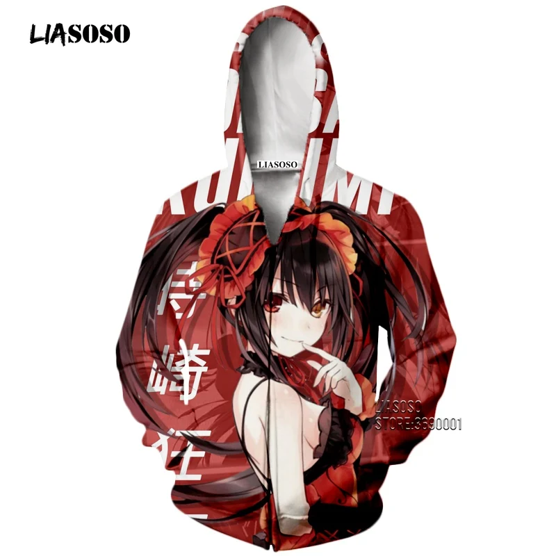 LIASOSO/толстовки с капюшоном 3D принтом аниме Дата и живая для девочек Tokisaki Kurumi