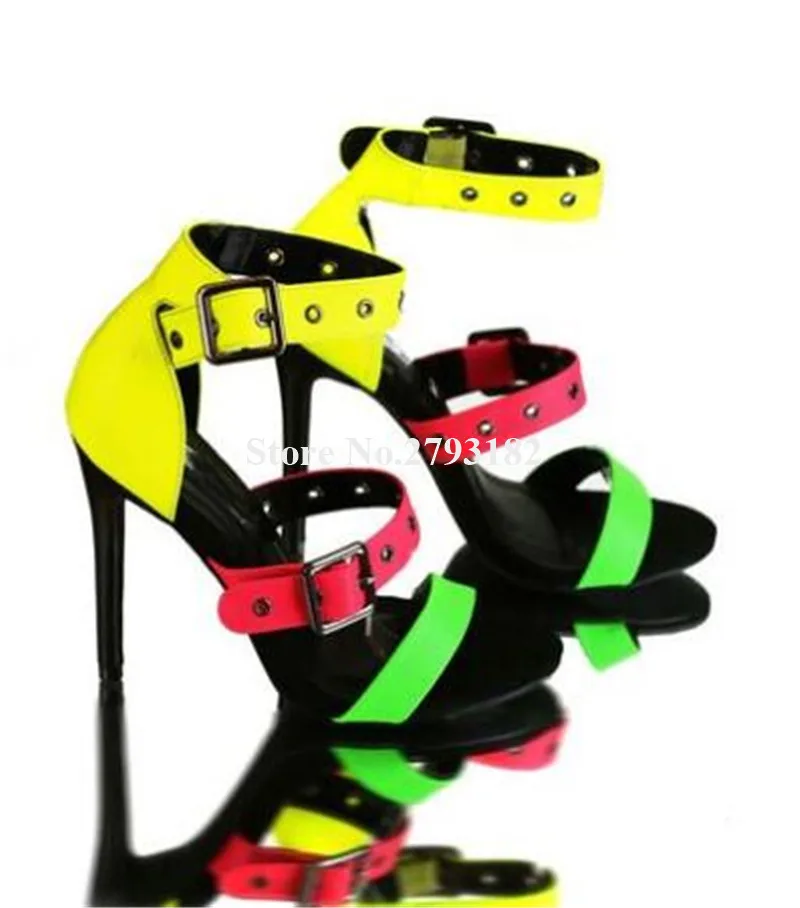 

Summer New Fashion Women Open Toe Mixed-colors Stiletto Heel Sandals Patchwork Metal Buckles High Heel Sandals Dress Heels
