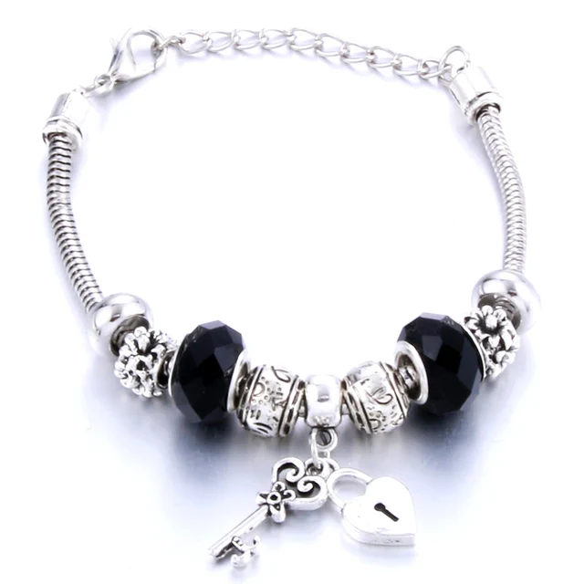 Antique Original Crown key lock Shape 6 colors Charm Bracelets For Women Glass Beads Brand Bracelet & Bangle DIY Jewelry Gifts 0002BK