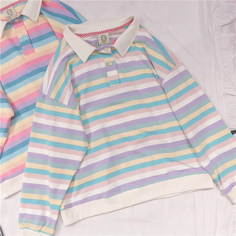  Korean Harajuku Cute Rainbow Stripe Long Sleeve Hoodies Japanese Young Girl Student Women's Pullove