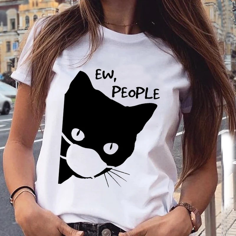 Women Graphic Cat Lovely Animal Fashion Short Sleeve Spring Summer Cartoon Print Female Clothes Tops Tees Tshirt T-Shirt