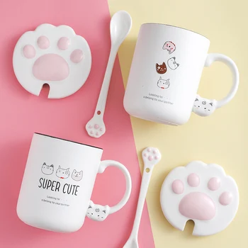 

Cute Cat Ceramic Coffee Mug with 3D Cat Law Lid and Spoon Set Creative Tea Cup Gift for Girl 400ml