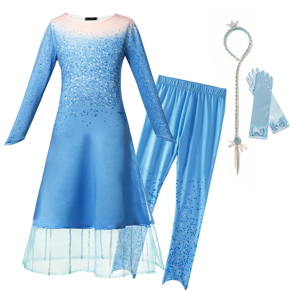 Elsa Dress Set 02 YOFEEL, новое нарядное платье «Эльза 2», праздничный костюм для девочек, одежда Снежной королевы, рождественский костюм Эльзы, голубое платье, леггинсы, комплект, платья - Цвет: Elsa Dress Set 02