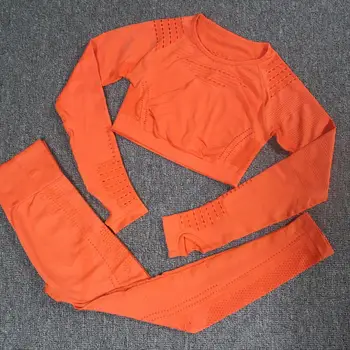 

2PCS Sports Yoga Set Women Workout Clothes Flawless Knit Long Sleeve Hollow-out Mesh Compression Crop top Seamless Yoga Leggings