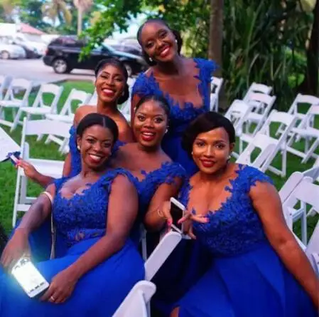 Королевский синий модные трапециевидные платья для подружки невесты с аппликацией Кружева без рукавов свадебные вечерние уникальные платья robe de mariee
