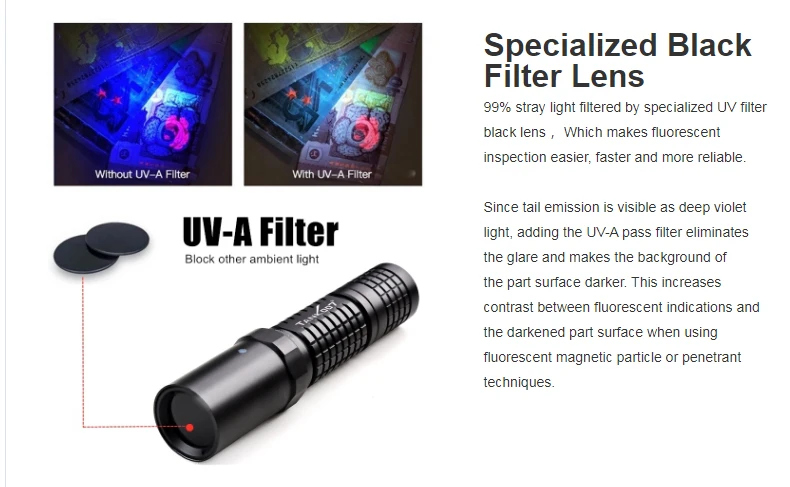 Description Picture 6 of itemTANK007 L03C NDT Anti-Counterfeit Cold Light Source UV LED 365nm Blacklight Ultraviolet Light Flashlight Curing USB Rechargeable