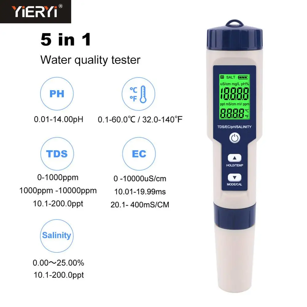 Ph-mètre Testeur multifonctionnel professionnel 5 en 1 testeur  multifonctionnel numérique PH/EC/TDS/salinité/thermomètre testeur de  qualité de l'eau Ph-mètre