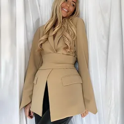 Elegante feminino longo blazers cardigans túnica rendas até fino jaqueta senhora do escritório terno sólido preto branco cáqui blazer casaco com cinto
