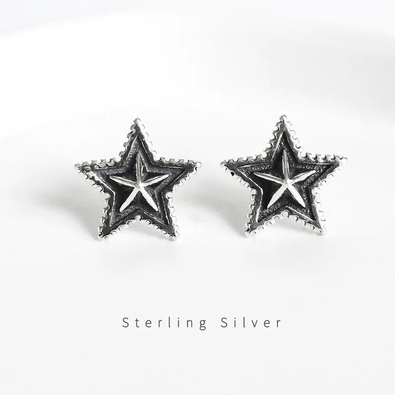 

s925 sterling silver personality retro star earrings trend simple style female five-pointed star earrings jewelry