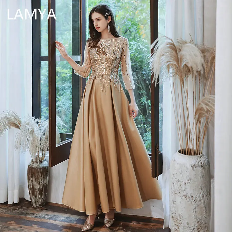 

LAMYA Banquet Golden Satin A Line Evening Dress Elegant Appliques Party Prom Gown Three Quarter Woemen Customized Robe De Soiree