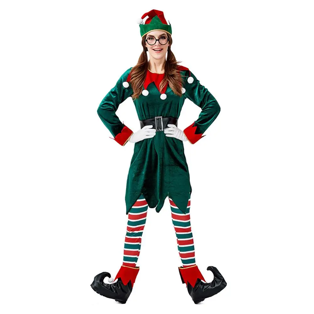 Adult Women Green Christmas Elf Costume Cosplay Halloween Carnival Party Suit Clothes | Тематическая одежда и униформа