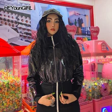 HEYounGIRL искусственная кожа байкерская куртка для женщин Панк Harajuku с капюшоном укороченный жакет с длинным рукавом черное пальто осень зима Готический