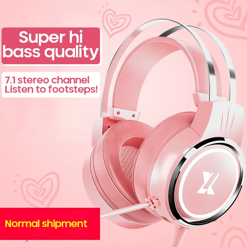 Headset Wired With Microphone X8 7 1 Pink Headphones Surround Sound Gaming Professional Gamer RGB Light For PS4 Phone PC