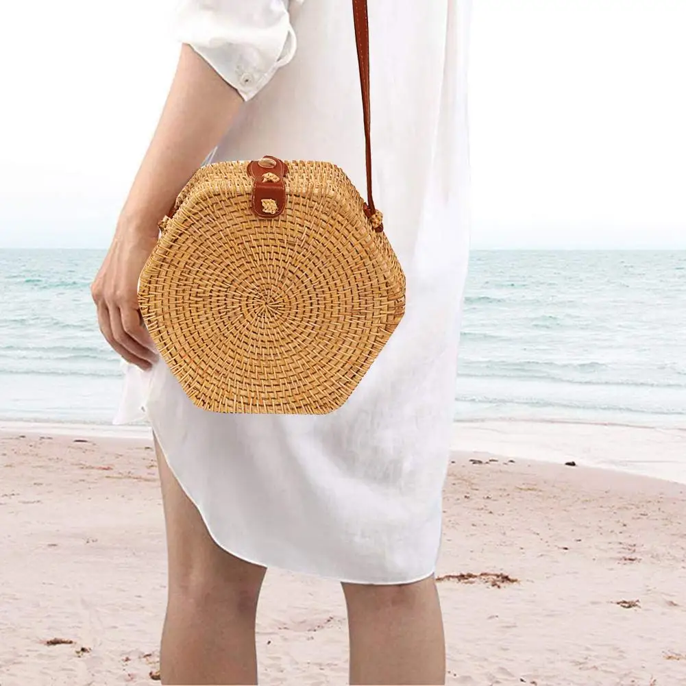 

Handwoven Rattan Braided Beach Bag Shoulder PU Leather Strap Hand Woven Bags Circle Handbag Summer Sling Crossbody Messenger Bag