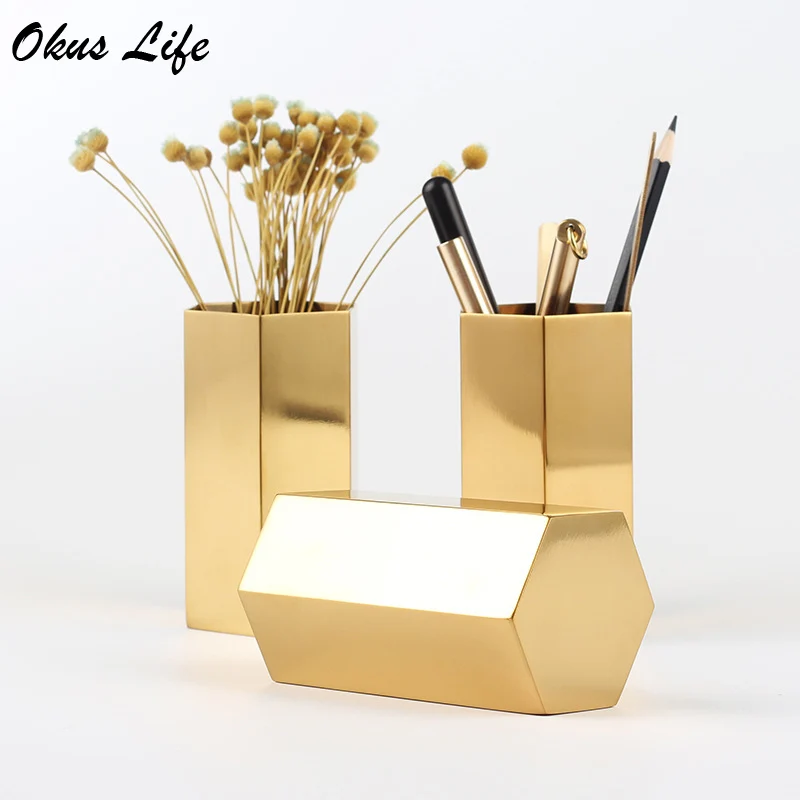 

Stainless Steel Gold Hexagonal Flower Vase Pen Holder for Desk Organizer Stand Office Supplies Europe Sundries Storage Pot Home