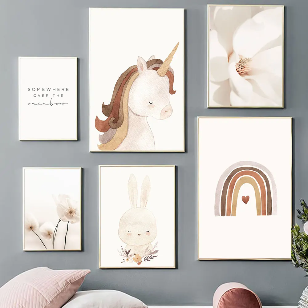 Nursery Wall Art Canvas Print Rabbit flower Posters Quotes Poster Rainbow Painting Unicorn Prints Picture Baby Room Decor |