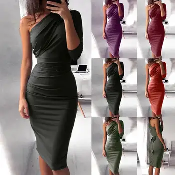 

Sexy Women Solid Color One Shoulder Backless Party Cocktail Bodycon Mini Dress female autumn party dress