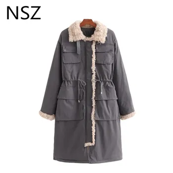 

NSZ Women Oversized Winter Warm Fleece Padded Long Jacket Drawstring Waist Loose Ladies Parkas Overcoat Outerwear