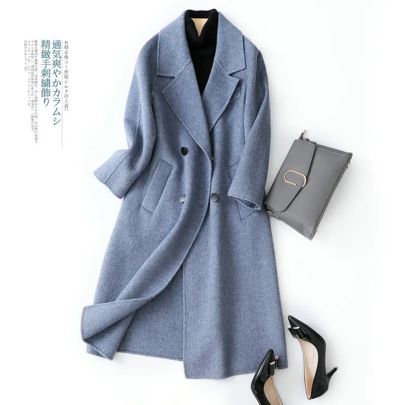

100% Wool coat haze blue herringbone double sided cashmere overcoat women's double breasted wool coat autumn 2020 new simple fit
