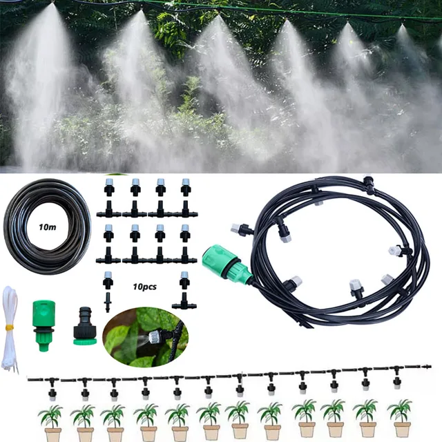 1 Kit Ködöntő Öntözőrendszer Hordozható Hűtés Automatikus Víz Fúvóka 10M Pvc Tömlő Spray -Fej 4/7 Mm -Es Póló Csatlakozó