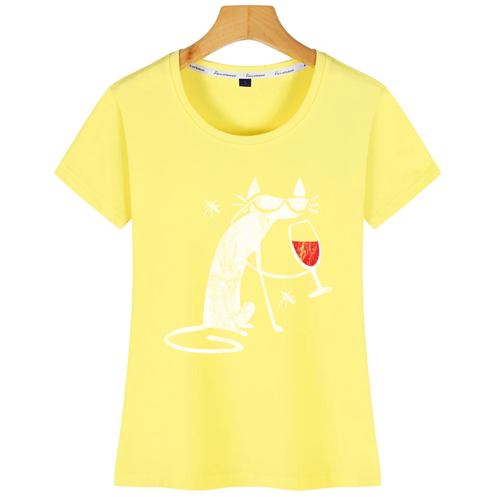 Топы Футболка женская кошка питьевой вино Кот любовник хип хоп винтажный принт Женская рубашка - Цвет: Yellow