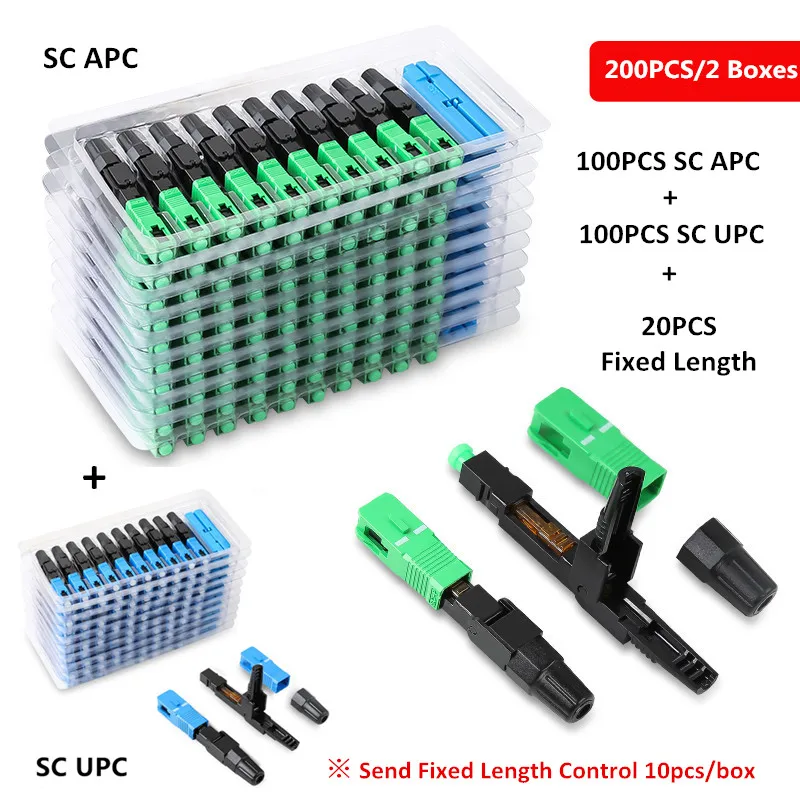 200 PCS Embedded SC APC +SC UPC Fiber Optic Fast Connector FTTH single mode fiber optic SC quick connector SC adapter Field Assembly Green