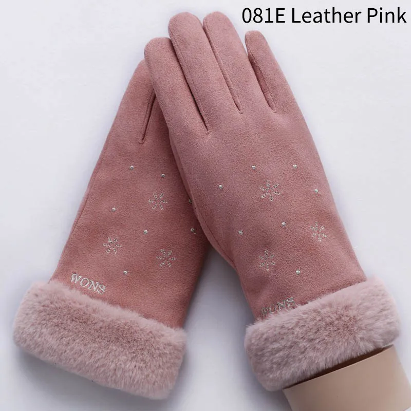 Милые зимние теплые женские перчатки с вышивкой в виде кота и снежинки, двухслойные бархатные толстые женские перчатки митенки, подарок - Цвет: 081E Leather Pink