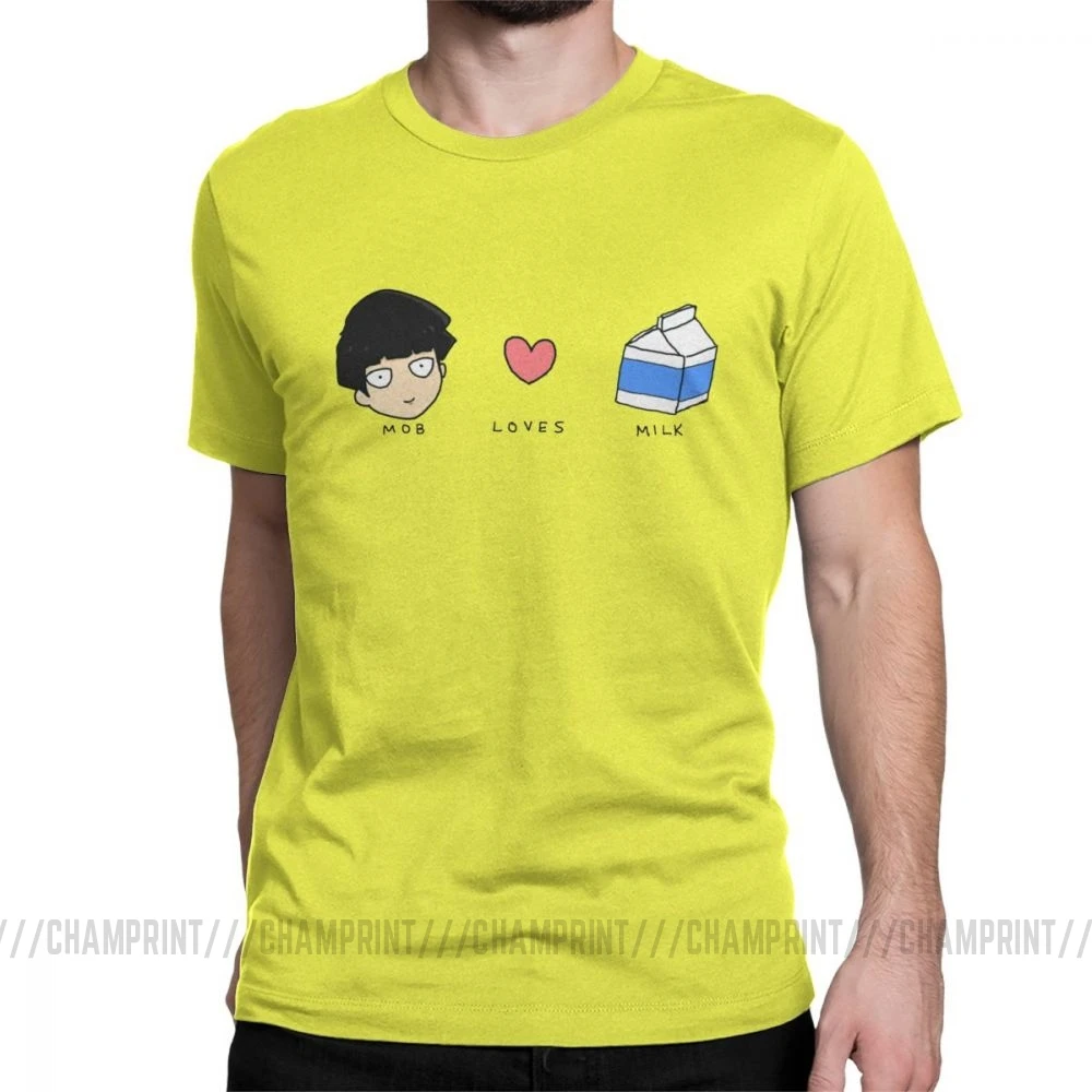 Mob Loves Milk Mob Psycho 100 футболки мужские хлопковые новые футболки с круглым вырезом футболка с коротким рукавом Одежда с принтом - Цвет: Цвет: желтый